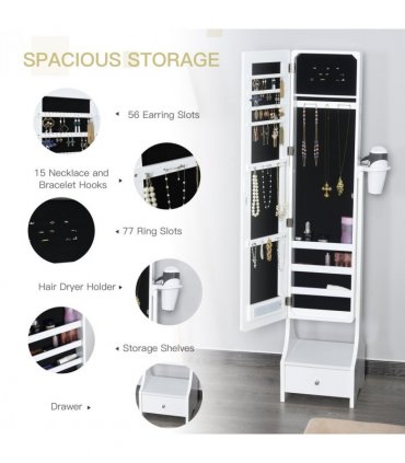 Freestanding Jewellery Storage Mirror Armoire  LED Lights Hooks Drawer