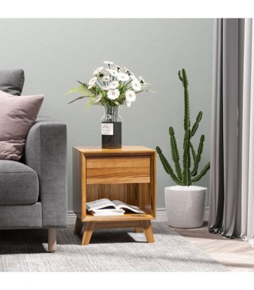 Bedside Table MDF Walnut brown 50H x 40W x 40Dcm Night Stand Drawer Shelf