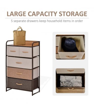 HOMCOM Closet Dresser, Dresser Tower With 5 Linen Fabric Drawers Steel Frame