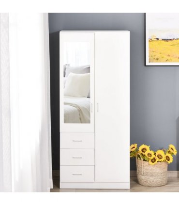 2-Door Wardrobe w/ Adjustable Shelf 3 Drawers for Bedroom, 180cm, White