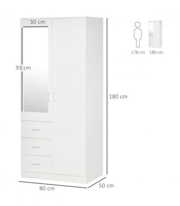 2-Door Wardrobe w/ Adjustable Shelf 3 Drawers for Bedroom, 180cm, White