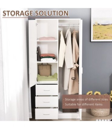 2-Door Wardrobe w/ Adjustable Shelf 3 Drawers for Bedroom, 180cm, White