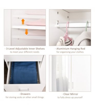 2-Door Wardrobe w/ Adjustable Shelf 3 Drawers for Bedroom, 180cm, White