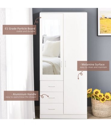 2-Door Wardrobe w/ Adjustable Shelf 3 Drawers for Bedroom, 180cm, White