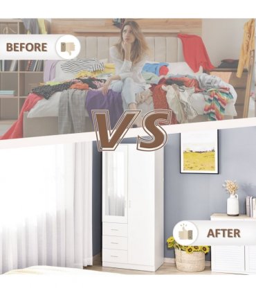 2-Door Wardrobe w/ Adjustable Shelf 3 Drawers for Bedroom, 180cm, White