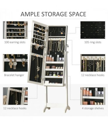 Jewellery Armoire Mirrored Cabinet Lockable White 151.5H x 46W x 36.5Dcm