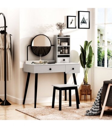 Dressing Table Set with 3 Drawers, Storage shelves and Stool, Grey