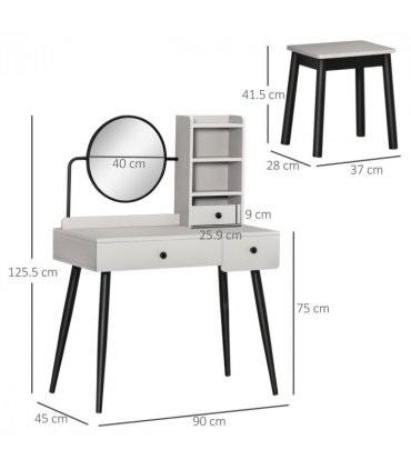 Dressing Table Set with 3 Drawers, Storage shelves and Stool, Grey