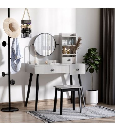 Dressing Table Set with 3 Drawers, Storage shelves and Stool, Grey