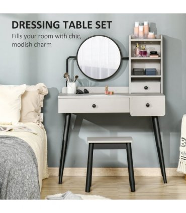 Dressing Table Set with 3 Drawers, Storage shelves and Stool, Grey
