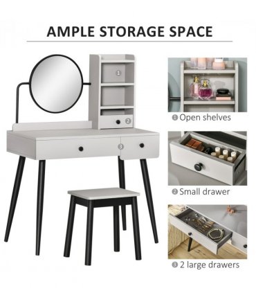 Dressing Table Set with 3 Drawers, Storage shelves and Stool, Grey