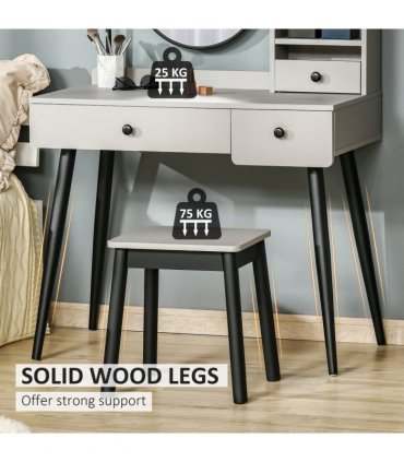 Dressing Table Set with 3 Drawers, Storage shelves and Stool, Grey