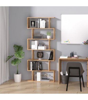 Shelf Storage Unit 6-Tier Wooden Modern S-Shaped Oak Colour 80L x 23W x 192Hcm