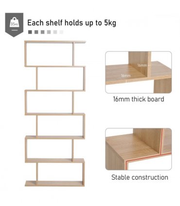 Shelf Storage Unit 6-Tier Wooden Modern S-Shaped Oak Colour 80L x 23W x 192Hcm