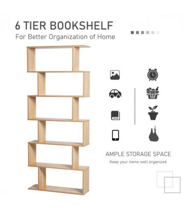 Shelf Storage Unit 6-Tier Wooden Modern S-Shaped Oak Colour 80L x 23W x 192Hcm