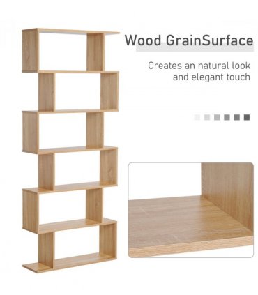 Shelf Storage Unit 6-Tier Wooden Modern S-Shaped Oak Colour 80L x 23W x 192Hcm