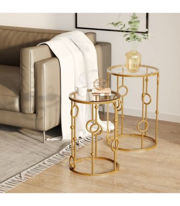 Nesting Coffee Table Set - Gold Tone Tempered Glass Top - 2 Piece Modern Chic