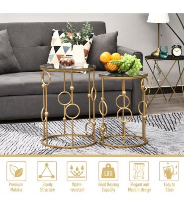Nesting Coffee Table Set - Gold Tone Tempered Glass Top - 2 Piece Modern Chic