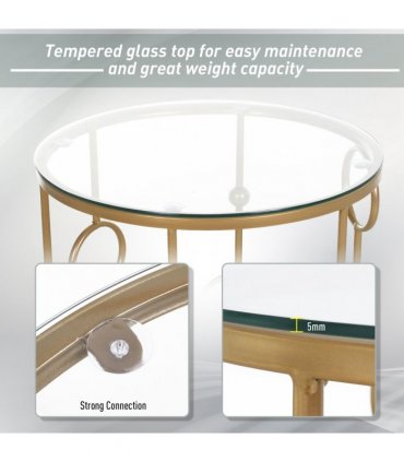 Nesting Coffee Table Set - Gold Tone Tempered Glass Top - 2 Piece Modern Chic