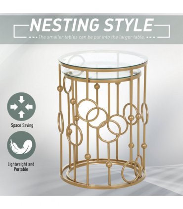 Nesting Coffee Table Set - Gold Tone Tempered Glass Top - 2 Piece Modern Chic