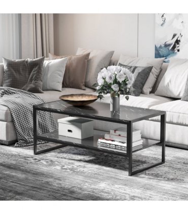 Two-Tier Laminate Marble Print Coffee Table Metal Frame Elegant Style