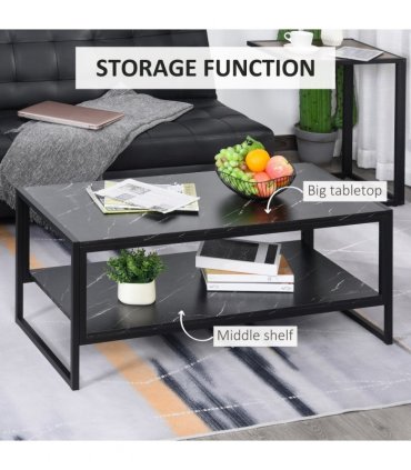 Two-Tier Laminate Marble Print Coffee Table Metal Frame Elegant Style