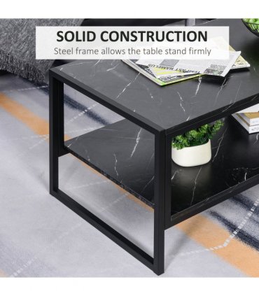 Two-Tier Laminate Marble Print Coffee Table Metal Frame Elegant Style