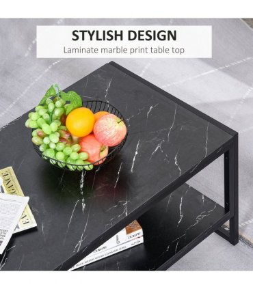 Two-Tier Laminate Marble Print Coffee Table Metal Frame Elegant Style