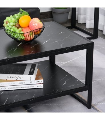 Two-Tier Laminate Marble Print Coffee Table Metal Frame Elegant Style