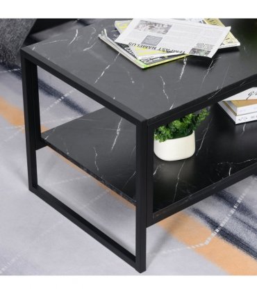 Two-Tier Laminate Marble Print Coffee Table Metal Frame Elegant Style