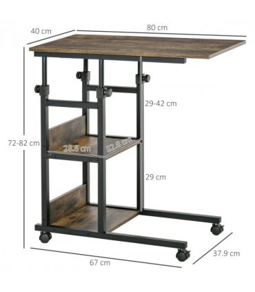 C-Shaped Mobile Sofa Bed Side Table Adjust Height 3-Tier Cart w/ Brake