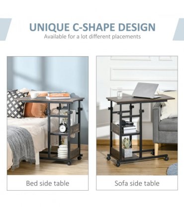 C-Shaped Mobile Sofa Bed Side Table Adjust Height 3-Tier Cart w/ Brake