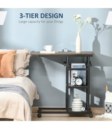 C-Shaped Mobile Sofa Bed Side Table Adjust Height 3-Tier Cart w/ Brake