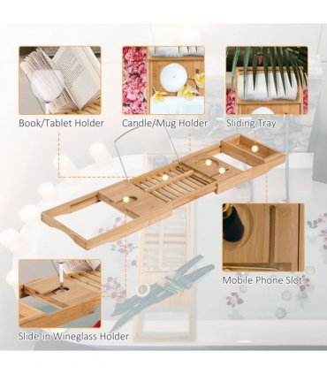 HOMCOM Extendable Bath Tub Bathroom Tray Bathtub Caddy Shelf Wine Holder Book