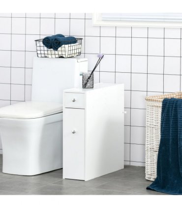 Slim Floor Cabinet Narrow Wooden Storage with Drawers Bathroom White HOMCOM