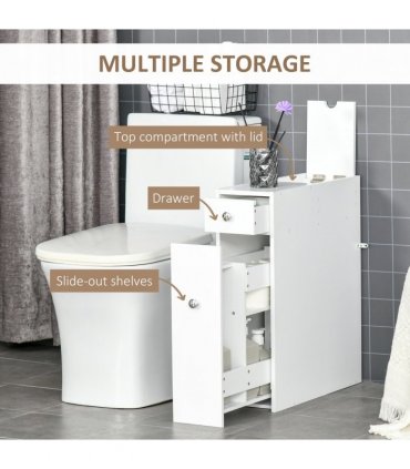 Slim Floor Cabinet Narrow Wooden Storage with Drawers Bathroom White HOMCOM