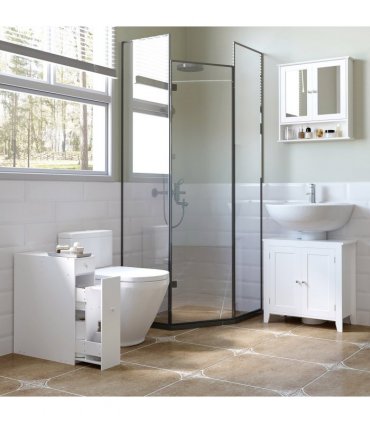 Slim Floor Cabinet Narrow Wooden Storage with Drawers Bathroom White HOMCOM