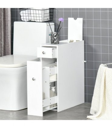 Slim Floor Cabinet Narrow Wooden Storage with Drawers Bathroom White HOMCOM