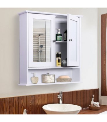 Wall-mounted Cabinet Mirror Door Bathroom Organiser White MDF 58H x 56L x 13Wcm