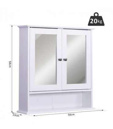 Wall-mounted Cabinet Mirror Door Bathroom Organiser White MDF 58H x 56L x 13Wcm