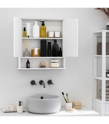 Wall-mounted Cabinet Mirror Door Bathroom Organiser White MDF 58H x 56L x 13Wcm