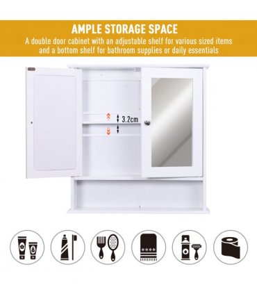 Wall-mounted Cabinet Mirror Door Bathroom Organiser White MDF 58H x 56L x 13Wcm