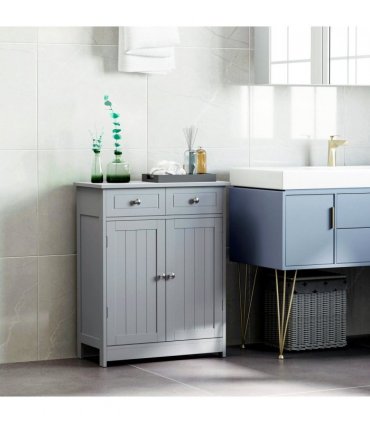kleankin Bathroom Floor Storage Cabinet w/ 2 Drawers Door Cupboard Grey