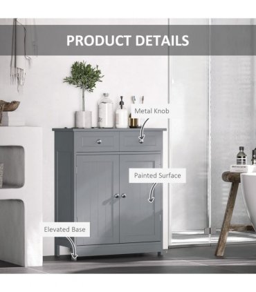 kleankin Bathroom Floor Storage Cabinet w/ 2 Drawers Door Cupboard Grey