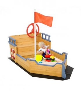 Kids Wooden Sandbox Pirate Ship Sandboat w/ Bench Seat Storage Space