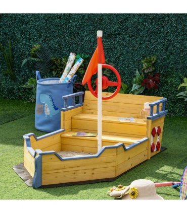 Kids Wooden Sandbox Pirate Ship Sandboat w/ Bench Seat Storage Space