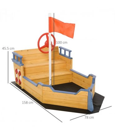 Kids Wooden Sandbox Pirate Ship Sandboat w/ Bench Seat Storage Space