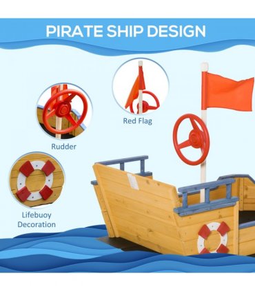 Kids Wooden Sandbox Pirate Ship Sandboat w/ Bench Seat Storage Space