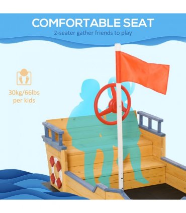 Kids Wooden Sandbox Pirate Ship Sandboat w/ Bench Seat Storage Space