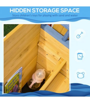 Kids Wooden Sandbox Pirate Ship Sandboat w/ Bench Seat Storage Space